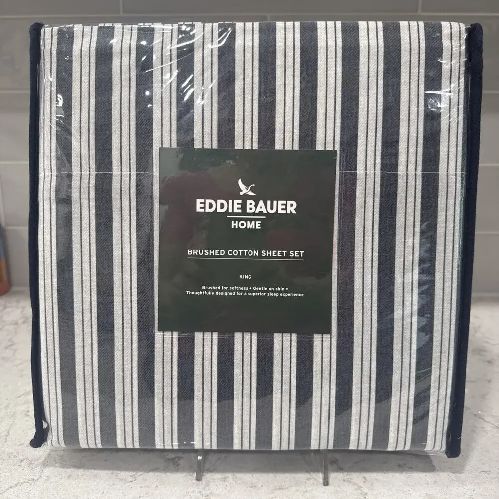 4 pc KING Size Eddie Bauer VINTAGE STRIPE Gray 100% Brushed Cotton Sheet Set NEW